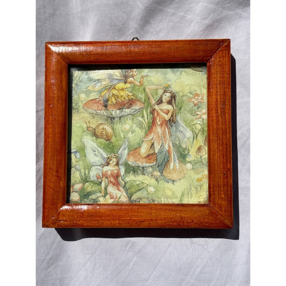 Vintage Miniature Fairy Mushroom Wood Framed Art Print Cottagecore Decor 4.75in